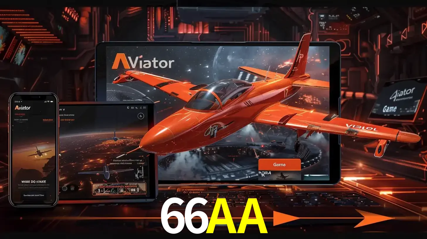 Apresentação tecnológica do jogo Aviator com um avião saindo da tela de um tablet, demonstrando a experiência imersiva em múltiplos dispositivos no 66AA.
