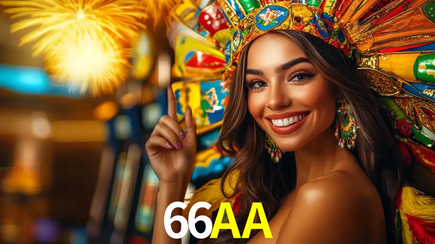 Mulher sorridente com um cocar de carnaval vibrante e colorido, celebrando uma grande vitória nos jogos do cassino 66AA com fogos de artifício ao fundo.