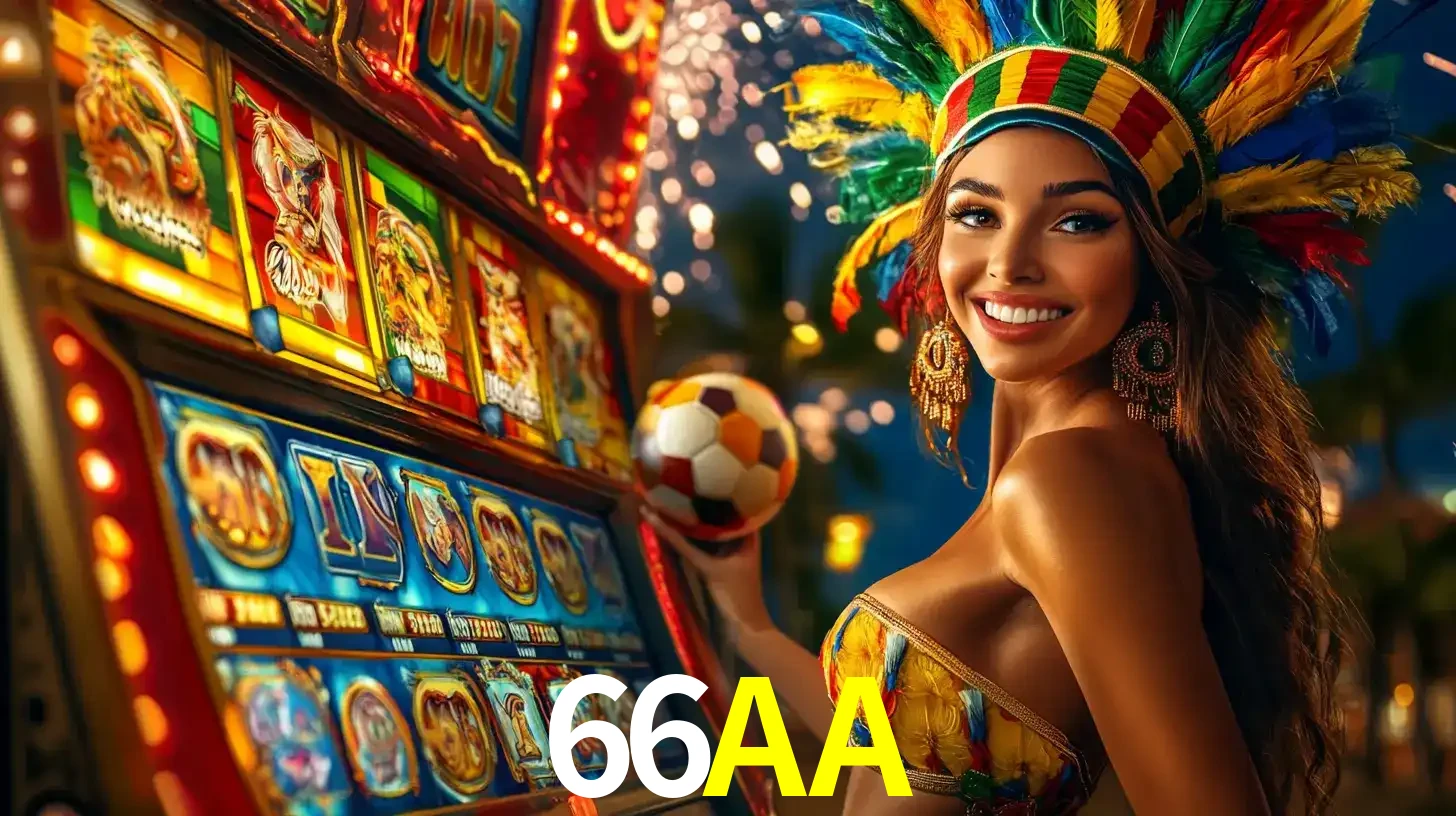 Mulher com um cocar de carnaval ao lado de uma máquina de caça-níqueis enquanto segura uma bola de futebol, mostrando a união da diversão de cassino e esportes no 66AA.