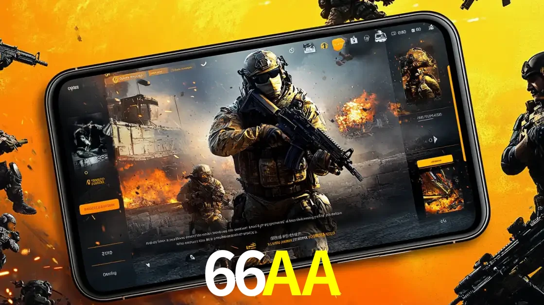 Um smartphone exibindo a interface de um jogo de tiro em primeira pessoa, com um soldado em um cenário de batalha, representando a ação dos e-sports para apostar no 66AA.