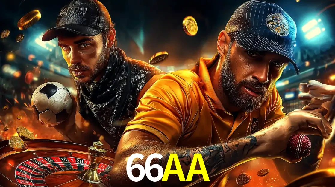 Montagem de apostas esportivas e cassino no 66AA, com um homem segurando uma bola de futebol e outro uma de beisebol sobre uma roleta e moedas voadoras.