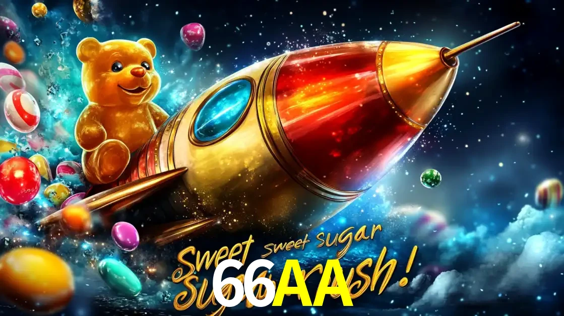 Arte promocional do jogo de slot Sugar Rush, com um urso de pelúcia em um foguete viajando pelo espaço de doces, um dos jogos divertidos disponíveis no cassino 66AA.