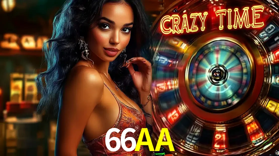 Mulher elegante ao lado da vibrante roda da fortuna do jogo de cassino ao vivo Crazy Time, um dos game shows mais populares e cheios de prêmios do 66AA.