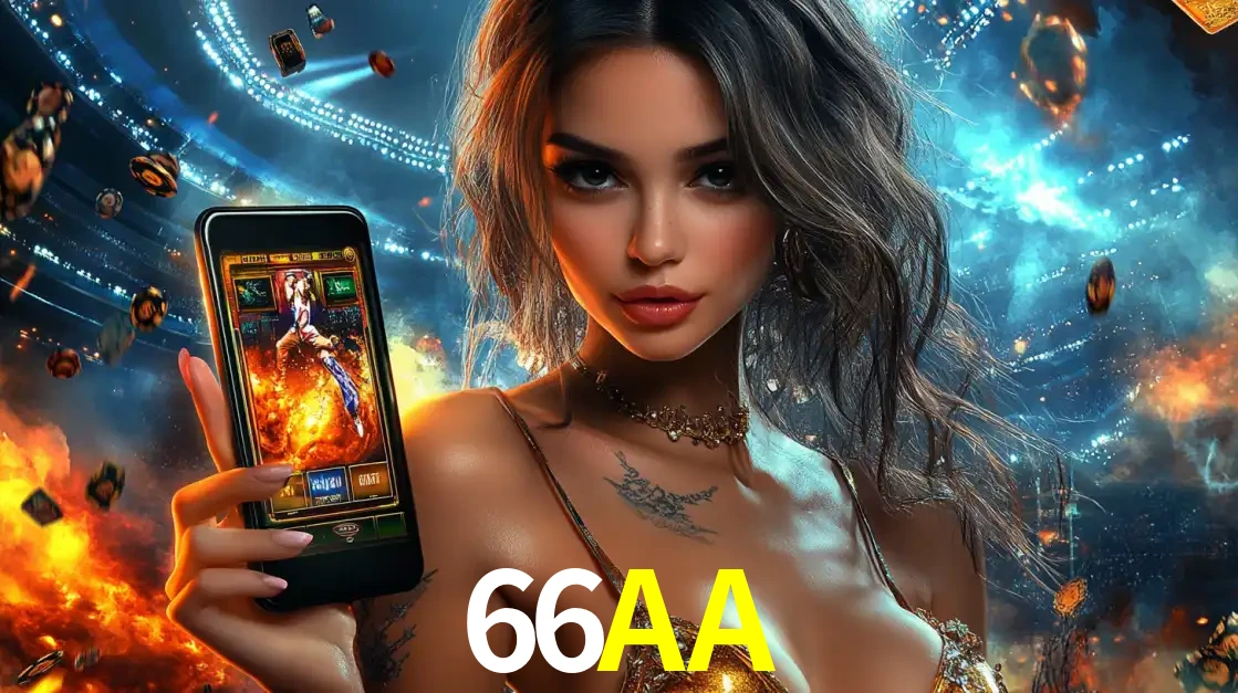 Mulher segurando um celular com um jogo de slot em destaque, tendo como fundo um estádio vibrante, simbolizando a emoção de jogar no cassino móvel 66AA.