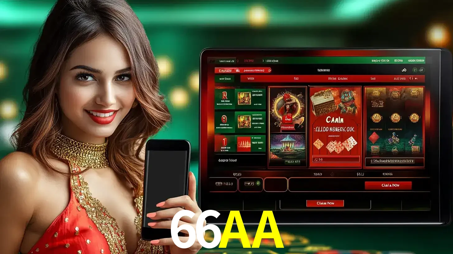 Mulher sorridente segurando um smartphone, ao lado de uma tela exibindo o lobby de jogos do cassino online 66AA, com várias opções de jogos de cartas e slots.